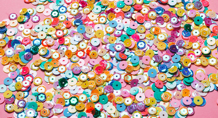 Sequins multicolored confetti, Soft selective focus close-up . Abstract festive composition place for text