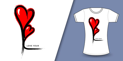 Red heart shape and love you text logo for valentine'day vector, T shirt design for happy valentine's day template, clothing print, t shirt mockup, Female fashion, love you calligraphy design vector