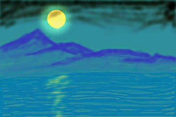 moon mountain landscape over lake night nature illustration