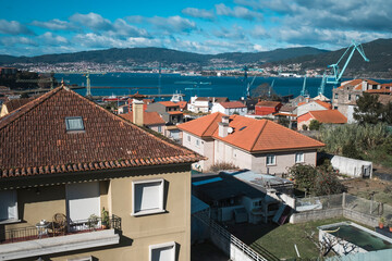Naklejka na ściany i meble View of the Redondela town and Vigo river, Pontevedra, Galicia, northwestern Spain.