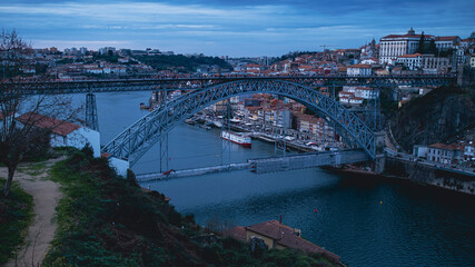 Luis I Bridge over the Douro River at dusk, Porto, Portugal.