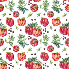 Seamless pattern watercolor bell pepper and greenery parsley and black peppercorn on white background. Hand-drawn sweet and spicy food red vegetable for cooking book menu. Art paprika for cafe card
