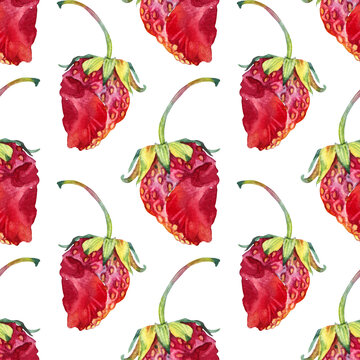 Seamless pattern watercolor strawberry with green leaves isolated on white background. Hand-drawn sweet summer bitten off berry food for kitchen. Red fruit dessert for menu cafe. Art for cookbook