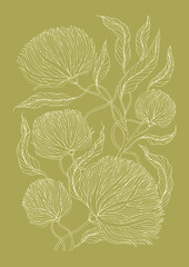 Vector hand drawn colorful pattern background decorative leaves and flowers. Freehand sketching illustration nature painting. Design floret pattern print. Light yellow lines Isolated on green back 