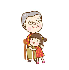 Cartoon Chinese family hug kids.
