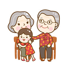 Cartoon Chinese family hug kids.