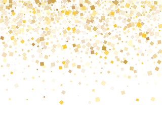 Modern gold confetti sequins sparkles falling on white. VIP Christmas vector sequins background. Gold foil confetti party elements space. Light dust particles party background.