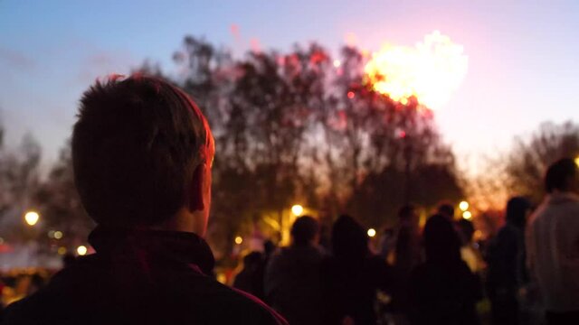 family look at the sky at the fireworks. The night sky in lights