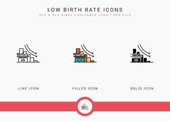Low birth rate icons set vector illustration with solid icon line style. Loss birth rate population concept. Editable stroke icon on isolated background for web design, user interface, and mobile app