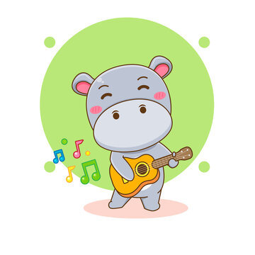 Cute Hippo cartoon character playing guitar
