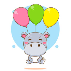 Obraz na płótnie Canvas Cute Hippo cartoon character floating with balloons