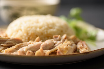 Hainanese chicken rice with coriander, cucumber and chicken soup on black background. Local food in East and Southeast Asia