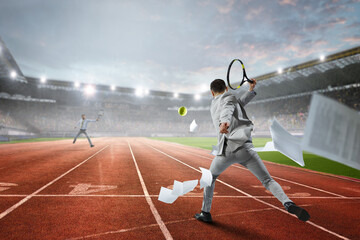 Naklejka premium Businessman playing tennis . Mixed media