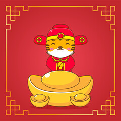 Cute tiger in god of wealth costume cartoon character. Chinese new year celebration. 