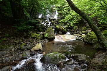 Naklejka na ściany i meble trekking around waterfall in summer