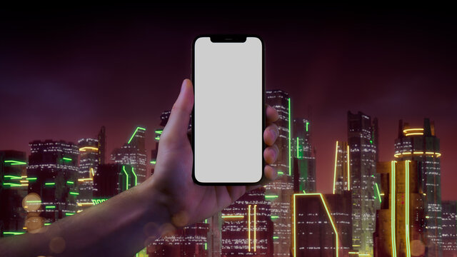 Male Hand holding Cell Phone in Sci-fi environment.