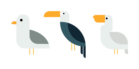 set of bird cartoon illustrations in a flat design style. a collection of various birds in grey colors to decorate a minimalist design theme.