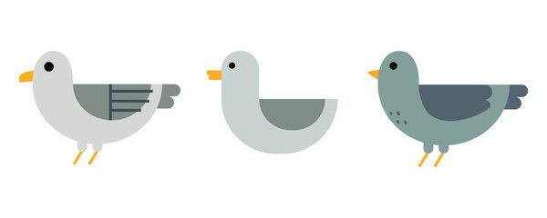 set of bird cartoon illustrations in a flat design style. a collection of various birds in grey colors to decorate a minimalist design theme. duck and pigeon.