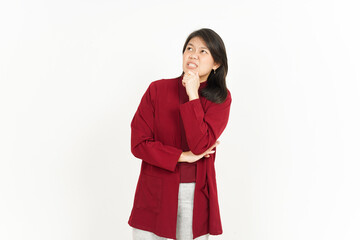 Thinking Gesture Of Beautiful Asian Woman Wearing Red Shirt Isolated On White Background