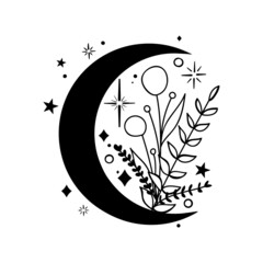 Hand Drawn Magic Floral Moon with Stars Illustration. Vector Flower Moon.