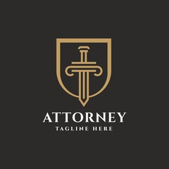 Combination of Golden Sword with Shield and Pillar for, Attorney Lawyer Justice Law Firm Court Advisor logo design concept