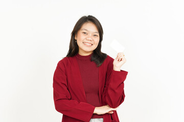 Showing Blank Credit or Bank Card Of Beautiful Asian Woman Wearing Red Shirt Isolated On White