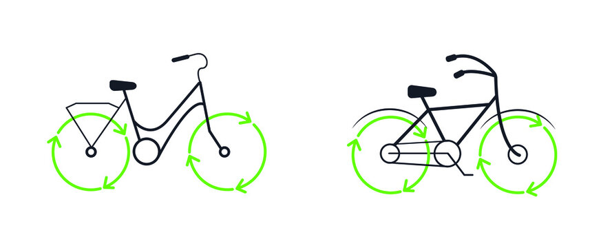 set of icycle with recycle arrows line icon. Eco friendly transportation. Healthy lifestyle concept. Bike wheels spinning