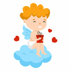 Cute angel is sitting on cloud. Сherub holds gift in his hands. Cupid for Valentine Day. February 14.