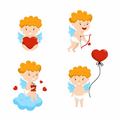 Set illustrations with cherub. Cupid with heart shaped ball. Cute angel for Valentine Day. 14 February.