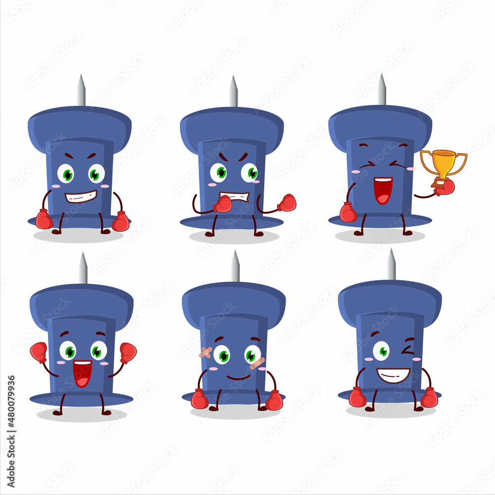 Sticker A sporty blue push pin boxing athlete cartoon mascot design