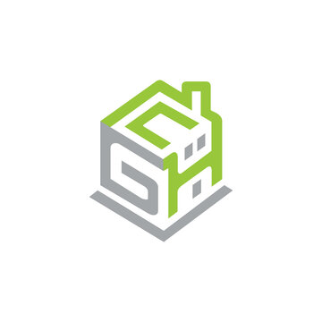 Grine Home Concept vector box. G H C letter logo building house design logo template