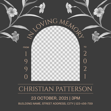 Floral memorial and funeral invitation card template design, dark grey decorated with Ruellia tuberosa flowers