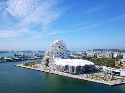 Kaohsiung, Taiwan - Dec. 24, 2021: Aerial view of Kaohsiung Music Center (KMC).