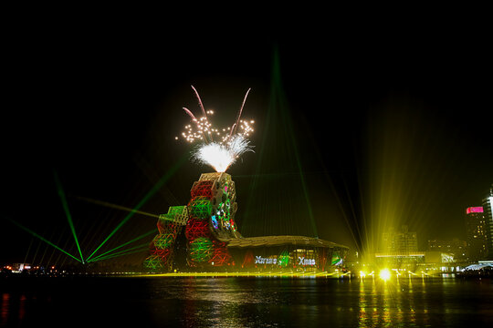 KaoHsiung, Taiwan - Dec. 24, 2021: Lighting show at Kaohsiung Music Center.