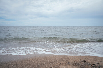 sea scape with sea wave, cloudy sky, mangrove forest and sandy beach when summer time. the photo perfect for holidays background, nature pamphlet and advertising brochure. 