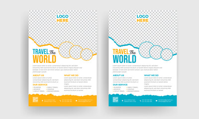 Template design for a modern travel flyer with venue and contact details. Promotional design for summer travel agencies.