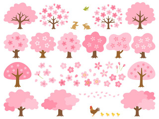 桜の木と動物達のイラストセット