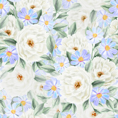 Spring flowers seamless pattern. Botanical background. Arrangement of pink and white wildflowers.