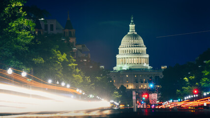United States Capitol building from Washington DC during the night. Landmark of America.