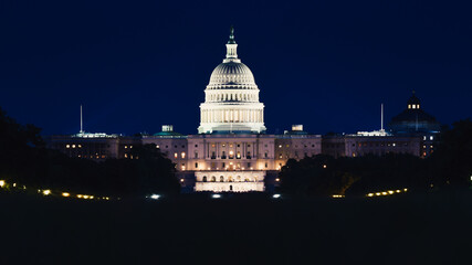 United States Capitol building from Washington DC during the night. Landmark of America.