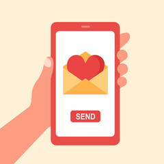 Hand holding smartphone sending love message in flat design. Online love.