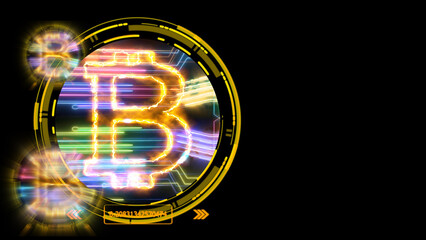 bitcoin cryptocurrency and futuristic colorful digital laser transfer on black isolated