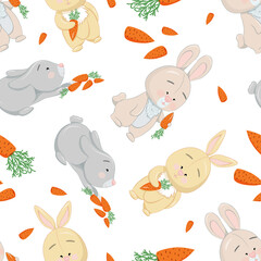 Seamless pattern with little colorful bunnies with carrots.