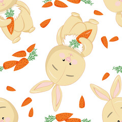 Seamless pattern with a small funny beige bunny with carrots.