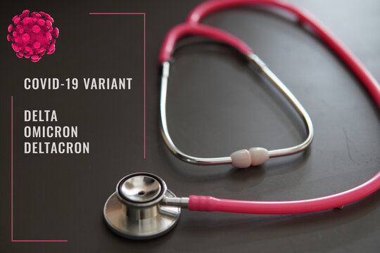 Image of pink stethoscope. healthcare concept for covid19 variant of delta, omicron and deltacron.