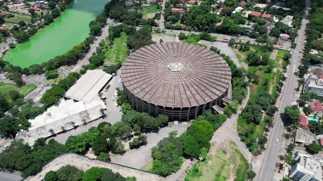 Aerial view of the "Journalist Felipe Drummond Stadium" or "Mineirinho" in Belo Horozonte, Minas Gerais, Brazil. 4K.