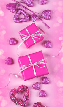 Greeting card for Valentines day with word Love and pink hearts, copy space.