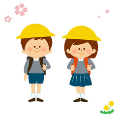 日本のランドセルを背負った小学生の男の子と女の子
