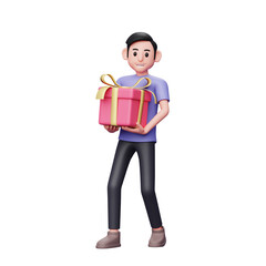 3d Character illustration casual man carrying big valentine gift with both hands