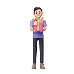 3d Character illustration casual man gives a valentine gift to the camera